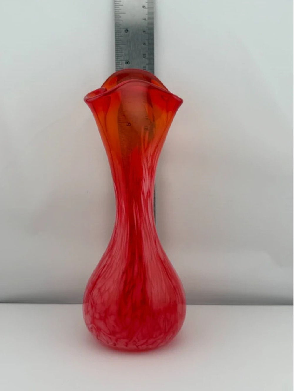 Vintage Red Orange Hand Blown Art Glass Vase White Spatter Ruffled Rim 9"